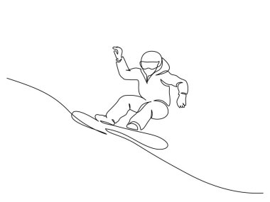 Sürekli bir çizgi çiziyor. Genç snowboardcu karlı dağda hızlı snowboard yapıyor. Turizm sporu konsepti. Beyaz üzerine siyah vektör illüstrasyonu