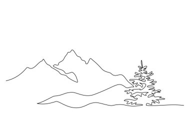 Köknar ağacıyla kaplı bir dağ manzarası. Sürekli bir çizgi çiziyor. Seyahat. Minimalist grafikler. Beyaz üzerine siyah vektör illüstrasyonu