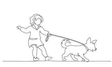 Sürekli bir çizgi çekiliyor. Tasmalı, küçük tatlı bir kız, yürüyor. Beyaz üzerine siyah vektör illüstrasyonu