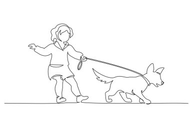 Sürekli bir çizgi çekiliyor. Tasmalı, küçük tatlı bir kız, yürüyor. Beyaz üzerine siyah vektör illüstrasyonu