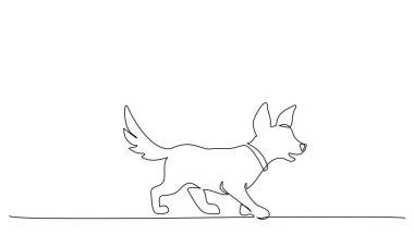 Sürekli bir çizgi çiziyor. Yürüyen köpek. Beyaz üzerine siyah vektör illüstrasyonu
