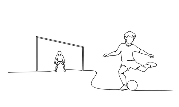 Kontinuierliche Linienzeichnung Junge Spielen Fußball Mit Torwart Junge Steht Tor — Stockvektor