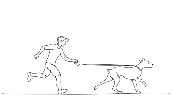 Kutyával Rohangál Folyamatos Egyvonalas Rajz Stílus Tulaj Sétáló Kutyával Játszik — Stock Vector