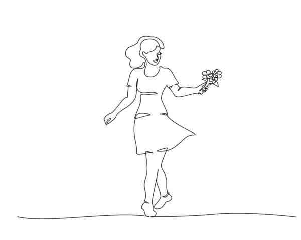 Mujer Caminando Con Flores Mano Estilo Continuo Dibujo Una Línea — Vector de stock