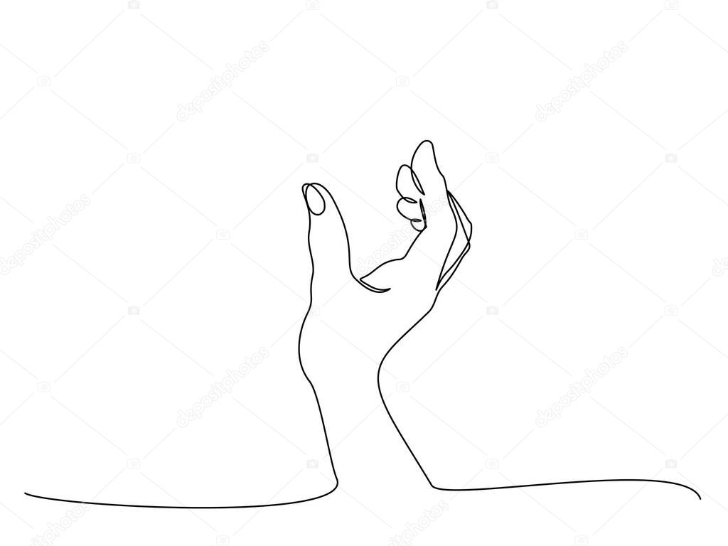 Hand showing something sign. Continuous one line art drawing style. Black linear sketch isolated on white background. Vector illustration