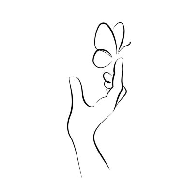 Hand with butterfly on finger. Line art drawing clipart