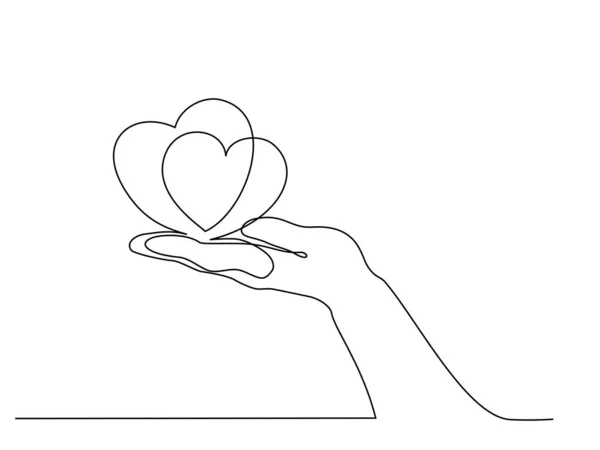 Mano sosteniendo el corazón. Arte continuo de una línea — Vector de stock