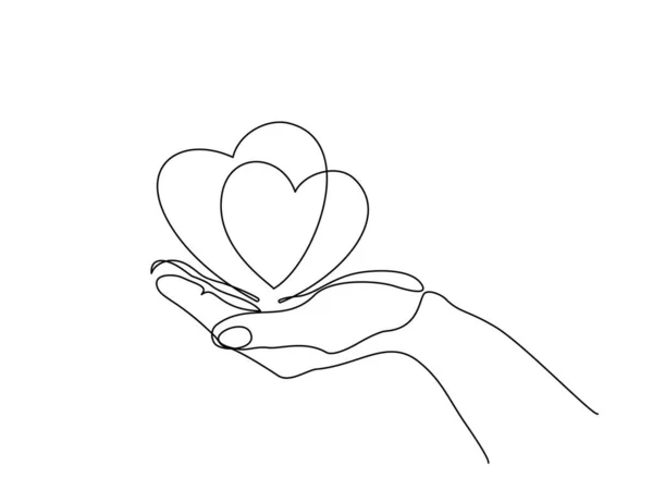 手を握って心臓サイン。連続一本の線画 — ストックベクタ