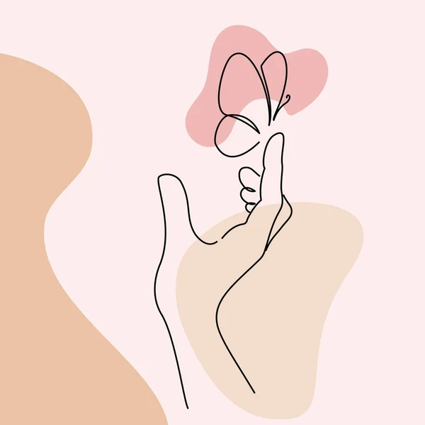 Hånd med sommerfugl på fingeren. Linje kunst tegning – Stock-vektor