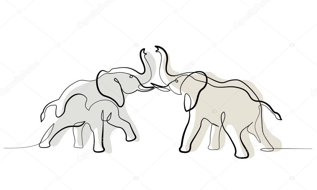 Two Elephants fighting. One line art drawing