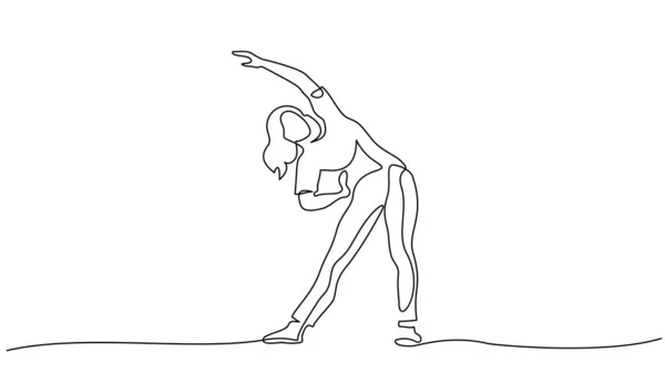 Wanita membuat latihan peregangan satu garis menggambar - Stok Vektor