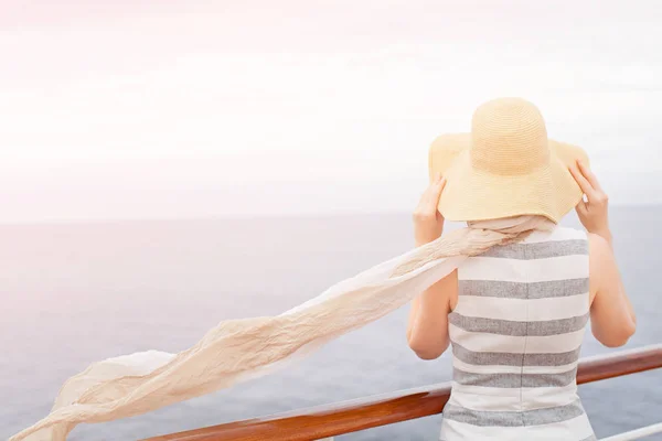 Back View Young Woman Wearing Sunhat Scarf Waving Wind Enjoying — Stock Photo, Image