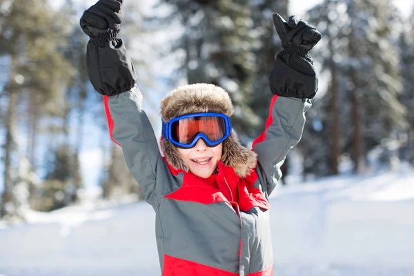Niño Sonriente Emocionado Gafas Esquí Listo Para Trineo Disfrutando Actividades —  Fotos de Stock