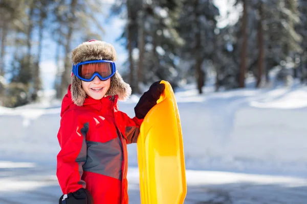 Niño Sonriente Emocionado Gafas Esquí Listo Para Trineo Disfrutando Actividades —  Fotos de Stock