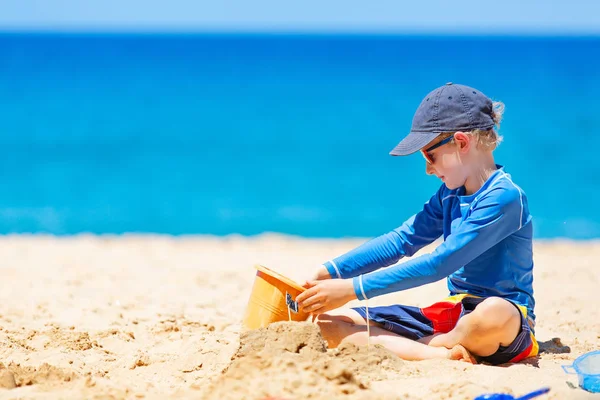 Little Boy Building Sand Castle Wearing Rashguard Sun Protection Enjoying — Stock Photo, Image