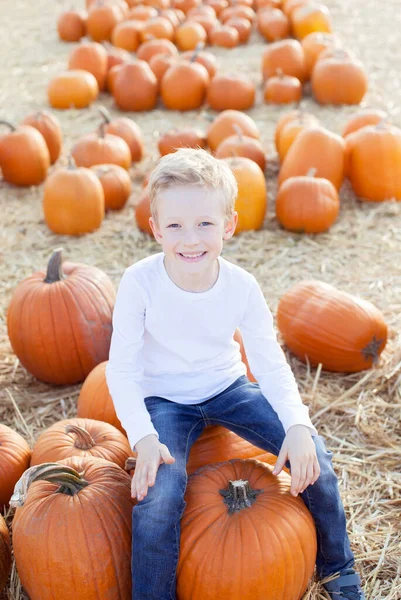 Lächelnder Kleiner Junge Sitzt Auf Einem Kürbis Kürbisfeld Herbstsaisonkonzept — Stockfoto