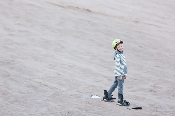 Smiling Cheerful Boy Sandboarding Atacama Desert Chile Extreme Activity Concept — Stock Photo, Image