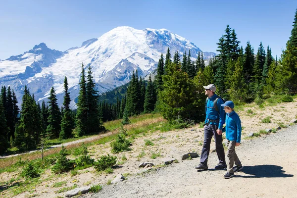 两个孩子的家庭 父亲和儿子 在华盛顿州的里尼尔山国家公园徒步旅行 享受着健康 积极的生活方式概念 — 图库照片