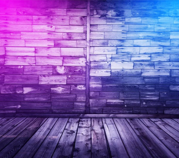 Wooden Interior Background Neon Lights — Stock Photo, Image