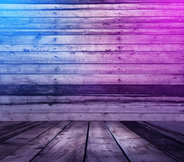 Wooden Interior Background Neon Lights — Stock Photo, Image