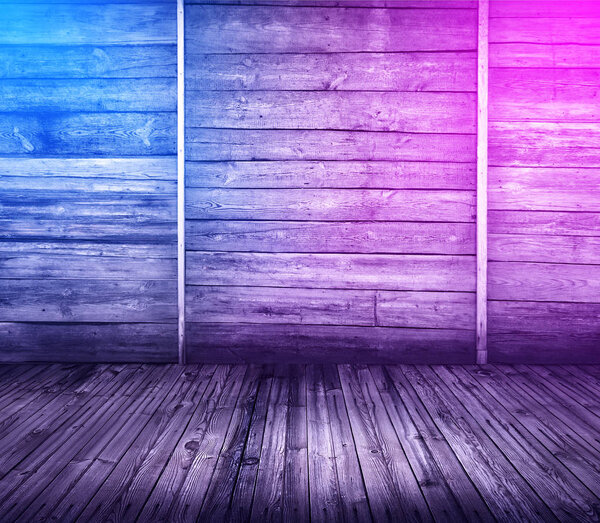 wooden interior background with neon lights