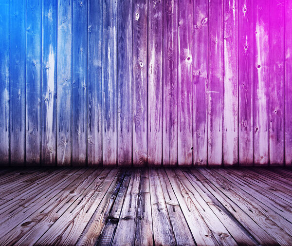 wooden interior background with neon lights