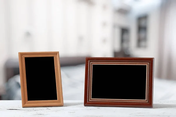 Photo Frames Wooden Table Bedroom — Stock Photo, Image