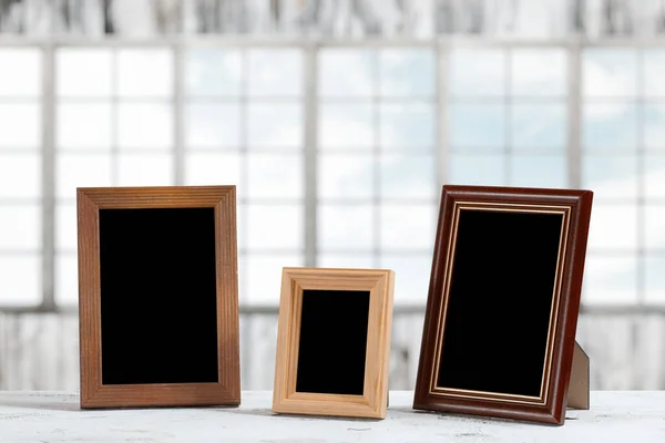 Photo Frames Wooden Table Living Room — Stock Photo, Image