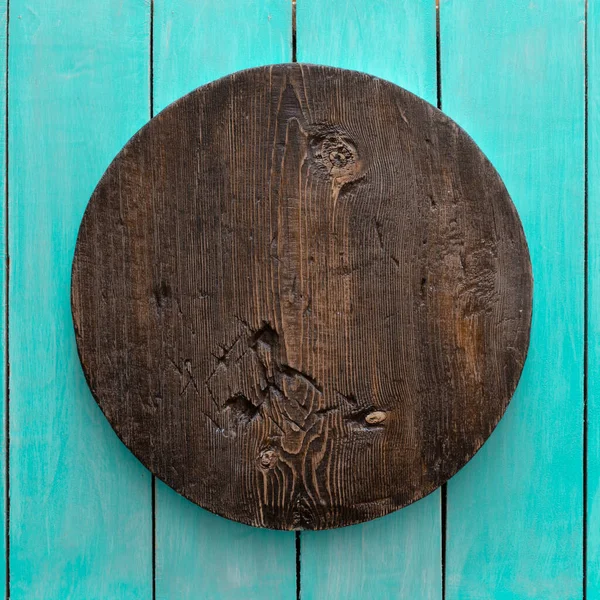 Grunge Leerer Runder Holzteller Auf Altem Holztisch Hintergrund Mit Kopierraum — Stockfoto