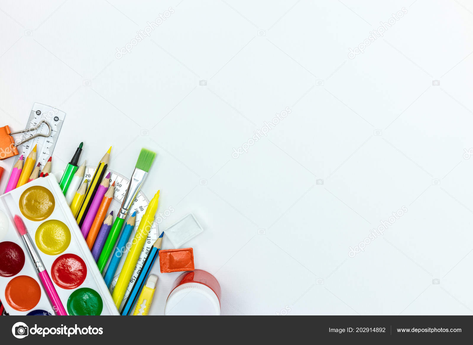 Bright School Supplies Accessories Kids White Desk Surface Bright School Supplies Accessories Kids White Desk Surface Background Flat Stock Photo