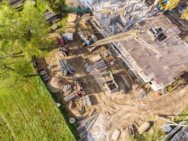 birds eye view of apartment building construction site in progress. civil residential area redevelopment