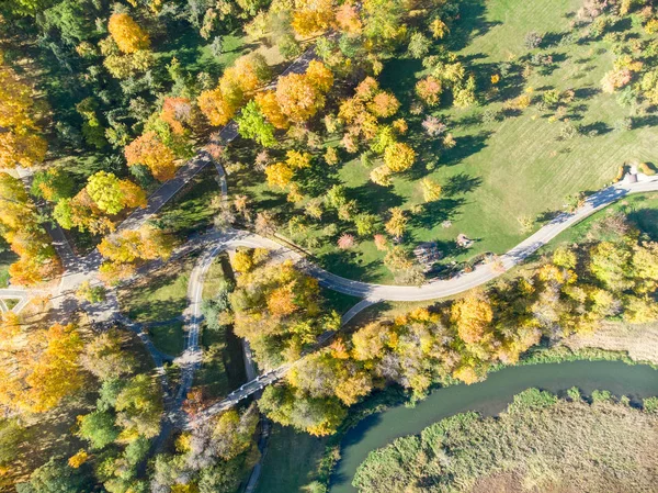 drone image of city park with yellow and orange autumnal trees. nature during fall season