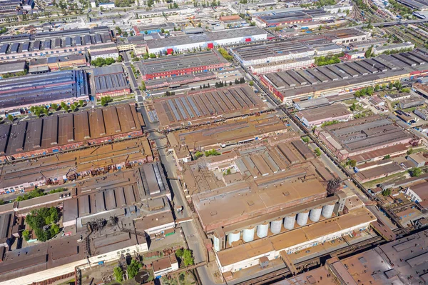 roofs of industrial buildings, aerial view. suburb infrastructure