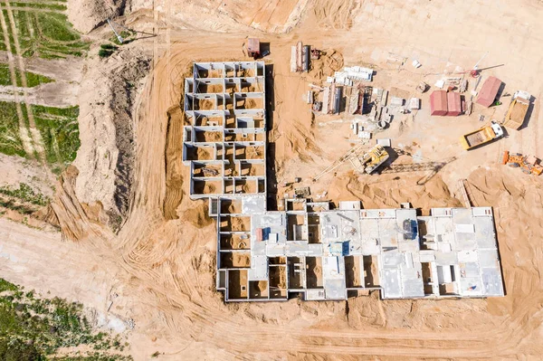 concrete foundation works during building construction. aerial view