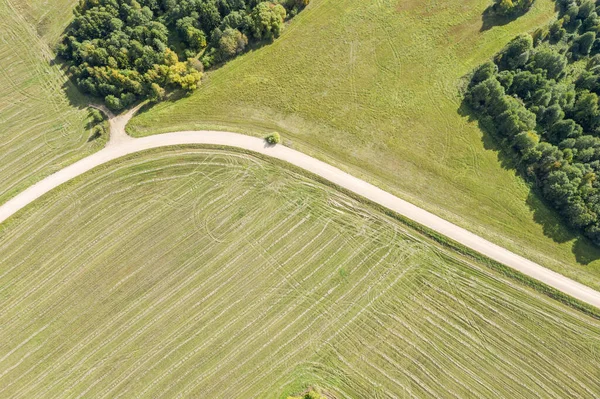 picturesque sunny rural landscape. dirt road crossing agricultural fields. top down aerial view