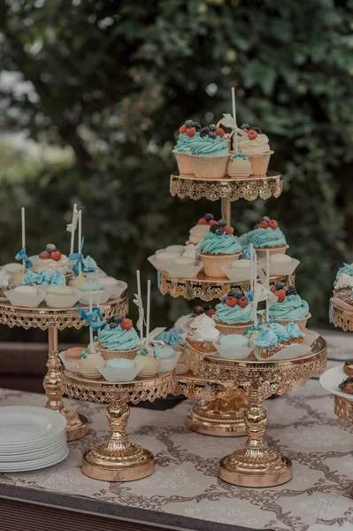 Sladkosti koláče zákusky formou bufetu svatba — Stock fotografie