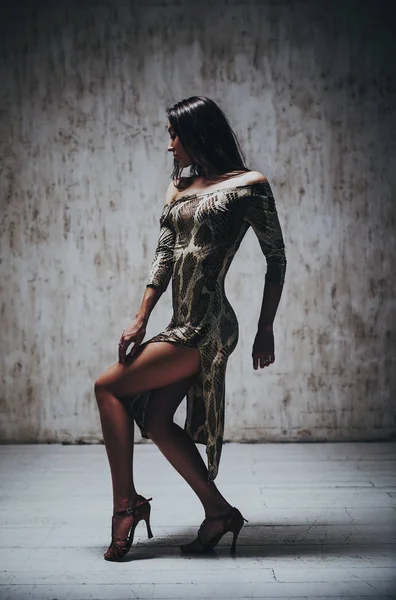 Jeune Femme Brune Mince Sexy Dansant Dans Une Robe Élégante — Photo