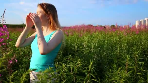 Young Woman Summer Field — Stock Video