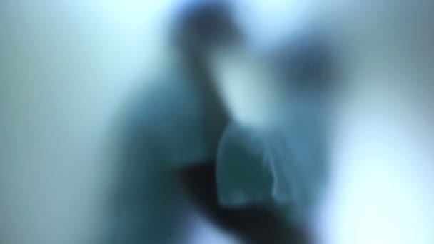 Couple Kissing Bathroom Soft Effect Frosted Glass — Stock Video