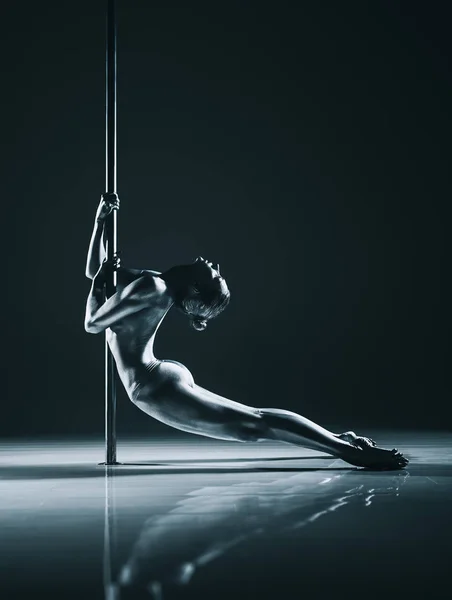 Jeune Femme Pole Dance Peinture Corporelle Argentée Tonique Couleurs Dramatiques — Photo