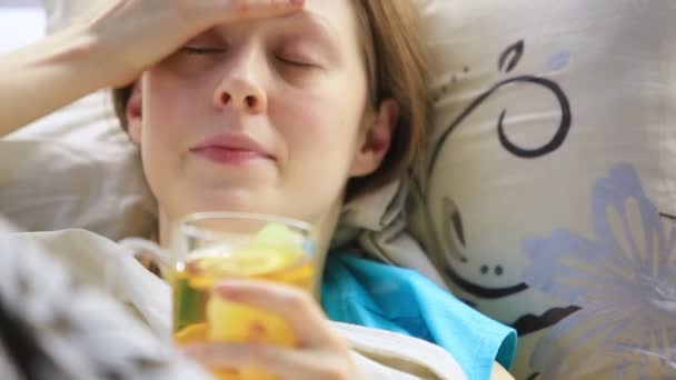 Young Sick Woman Drinking Tea — Stock Video