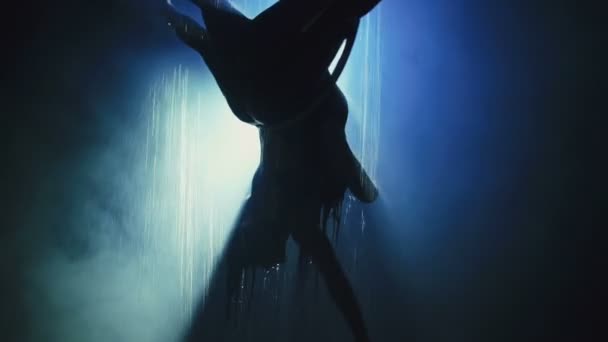 年轻的体育妇女跳舞与圆环剪影 具有水样和烟味效果 — 图库视频影像
