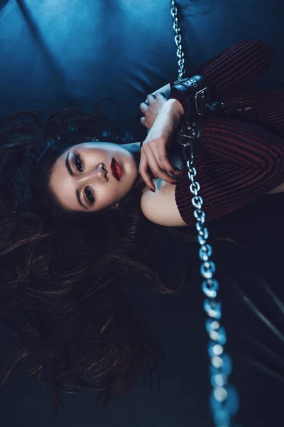Young Asian Woman Chains Sexy Bdsm Style Portrait — Stock Photo, Image