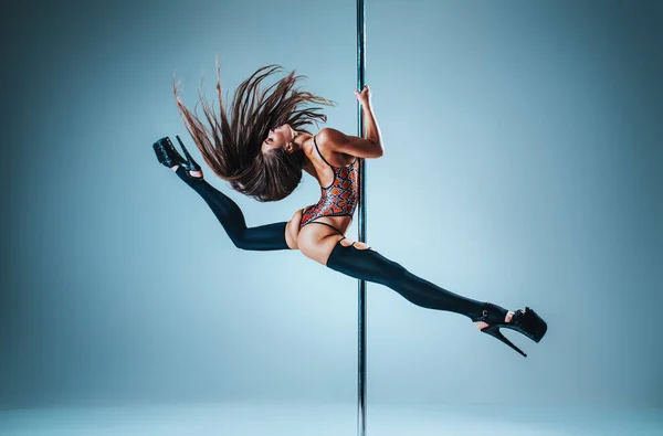 Young Slim Sexy Brunette Woman Pole Dancing Jumping White Blue — Stock Photo, Image