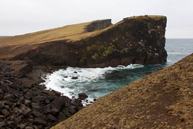 İzlanda Reykjanes Yarımadası volkanik taşların üzerinde çim ile kayalık uçurum sahil sahil hattı manzara