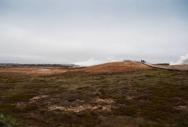 Desolato Paesaggio Dell Islanda Terreno Vulcanico Con Nebbia Fumante Turisti — Foto Stock