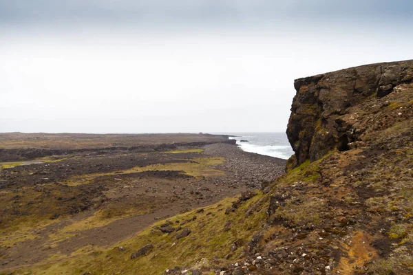 Skalnatého Útesu Trávou Poloostrově Reykjanes Islandu Vulkanických Kamenů Pobřežní Krajina — Stock fotografie