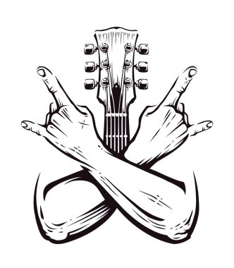 El işareti rock n roll gitar boyun beyaz izole jest geçti. Punk rock işareti eller. Vektör çizim.