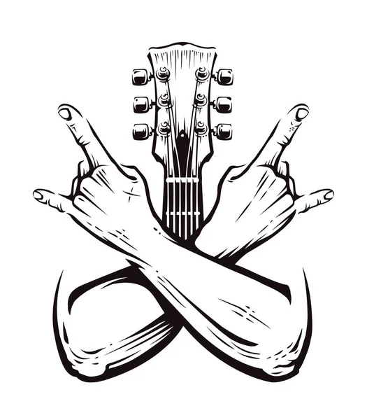 Σταυρωμένα Χέρια Σημάδι Rock Roll Χειρονομία Απομονωμένη Κιθάρα Αυχένα Λευκό — Διανυσματικό Αρχείο