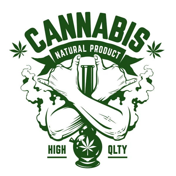 大麻矢量徽章 绿色单色标志与交叉的手 烟斗和烟雾隔离在白色 Rastaman 矢量艺术 — 图库矢量图片